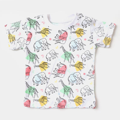 Infant Boys Round Neck T-Shirt Animals Printed- White