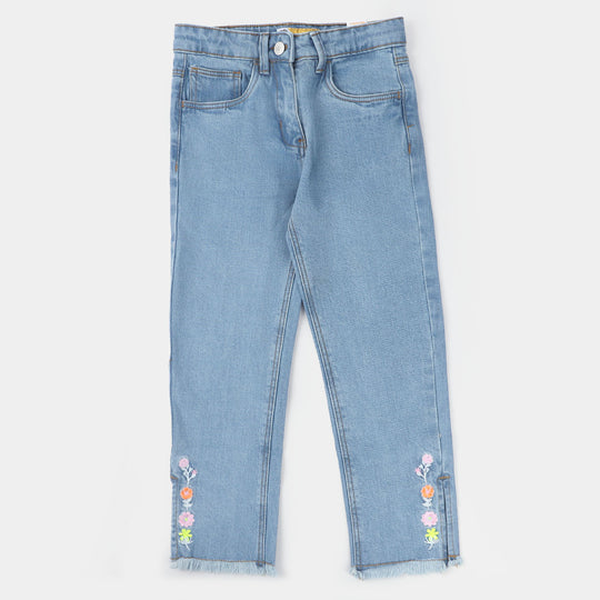Girls Denim Pant Floral-Ice Blue