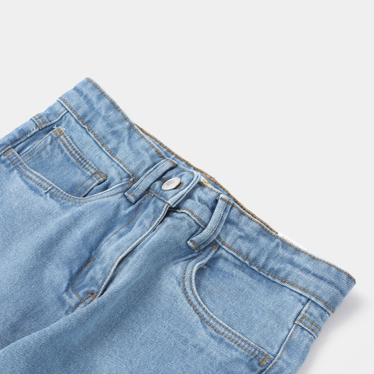 Girls Denim Pant Floral-Ice Blue