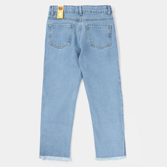 Girls Denim Pant Floral-Ice Blue