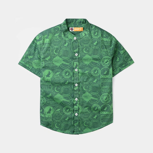 Boys Cotton Poplin Casual Shirt H/S (Stamp)-Green