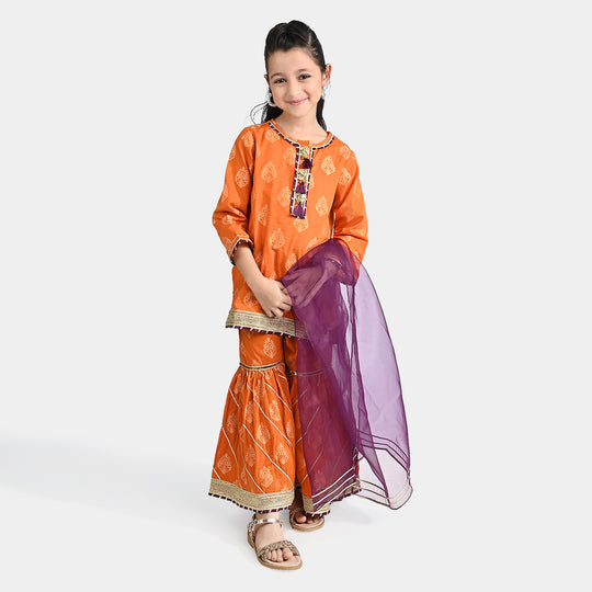 Girls Jacquard 3 Pcs Suit Shama - Rust