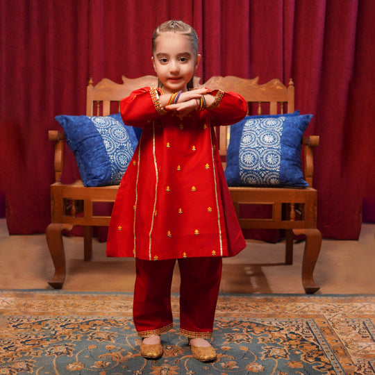 Girls Cotton Poplin Emb 2Pcs Limelight-MAROON