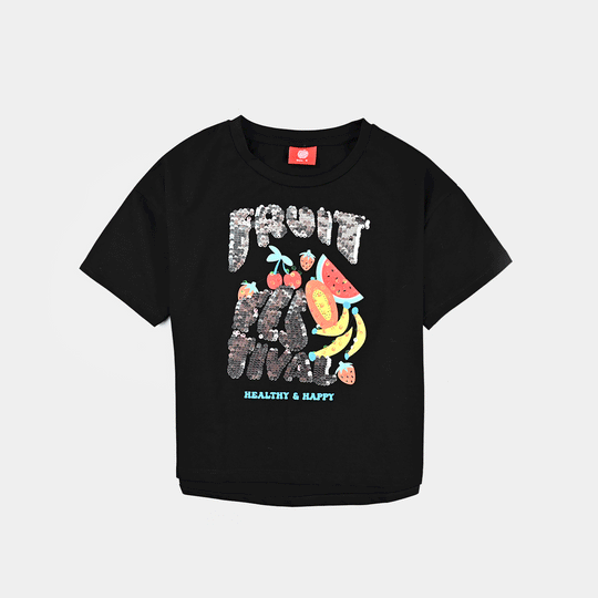 Girls Lycra Jersey T-Shirt Fruit-BLACK