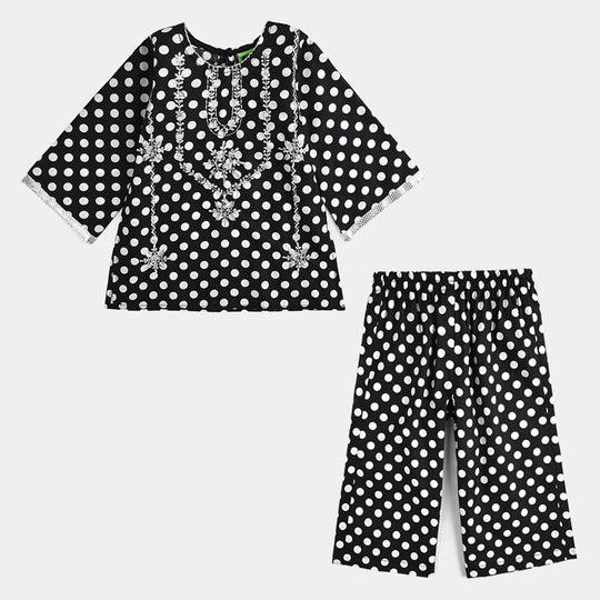 Infant Girls Cotton Poplin Printed & Emb 2 Pcs Polka Dote - BLACK