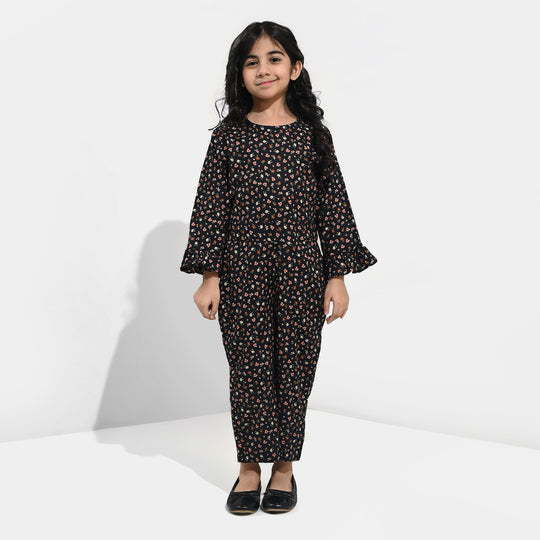 Girls Cotton Poplin Jumpsuit Rust Flowers-BLACK