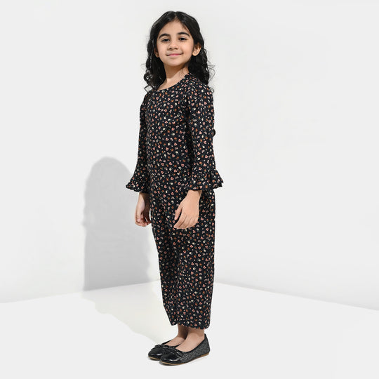 Girls Cotton Poplin Jumpsuit Rust Flowers-BLACK