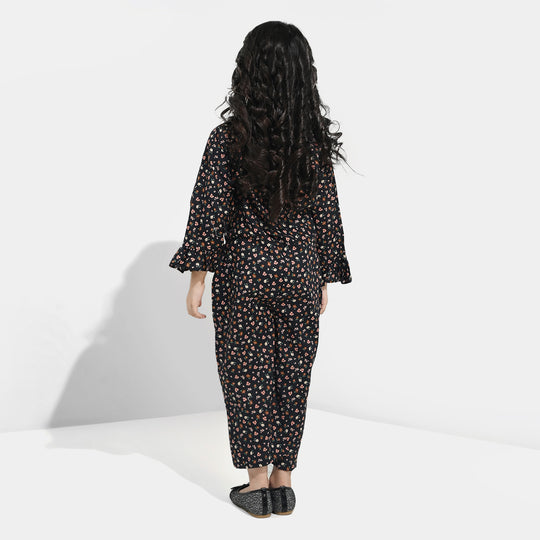 Girls Cotton Poplin Jumpsuit Rust Flowers-BLACK