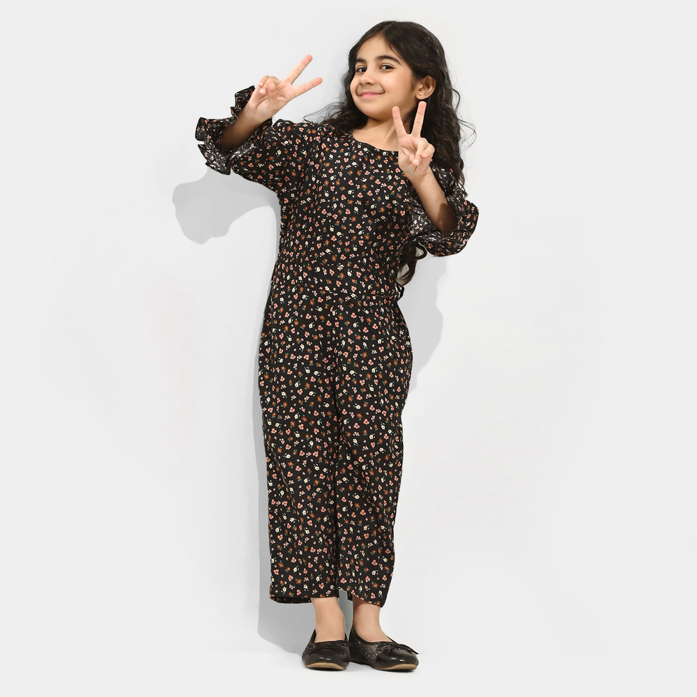 Girls Cotton Poplin Jumpsuit Rust Flowers-BLACK