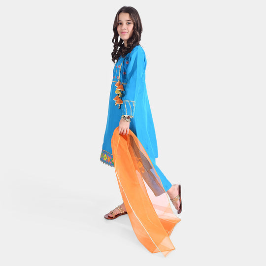 Girls Raw Silk 3PCs Suit Rang-o-Sehar-Blue