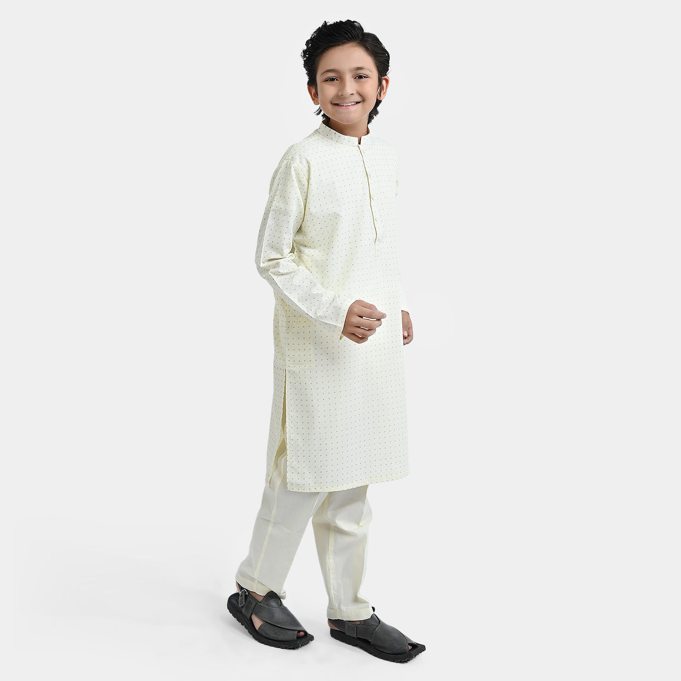 Boys Poly Viscose Basic Suit (Dots)-Off-White