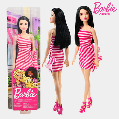 Barbie Doll With Pink Stripe Ruffle Dress