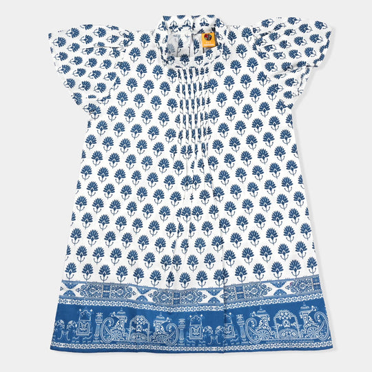 Girls Cotton Poplin Casual Frock Madhubani-White