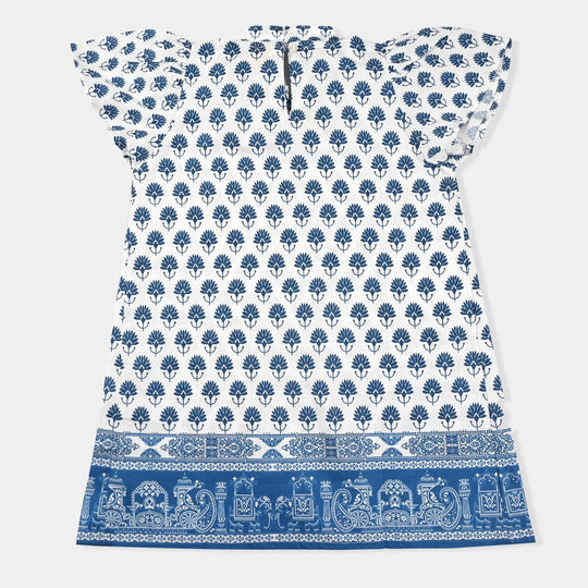 Girls Cotton Poplin Casual Frock Madhubani-White