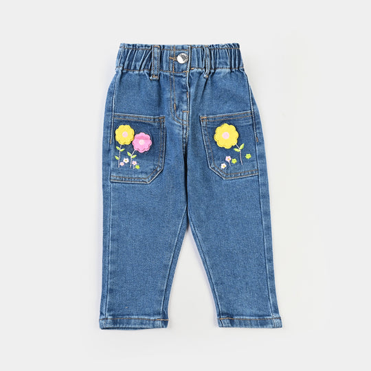 Infant Girls Denim Stretch Pant Flowers-Mid Blue