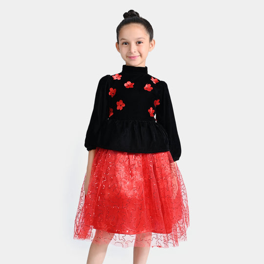 Girls Velvet & Net Fancy Frock Sequence-B.Red
