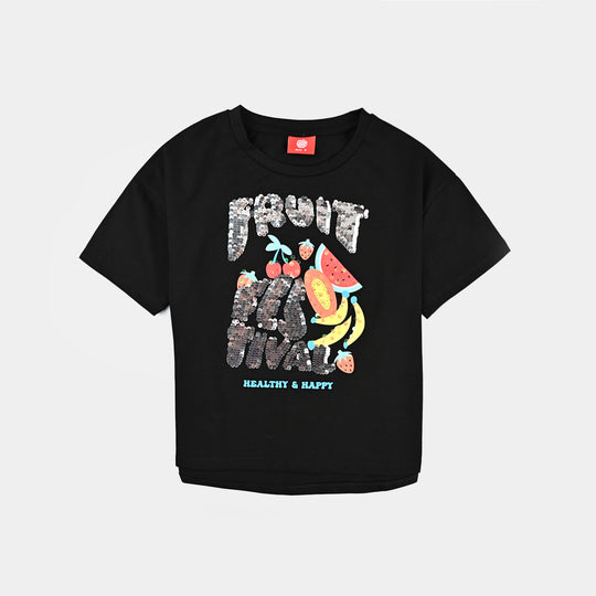Girls Lycra Jersey T-Shirt Fruit-BLACK