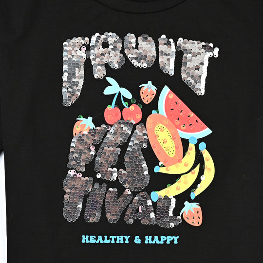 Girls Lycra Jersey T-Shirt Fruit-BLACK