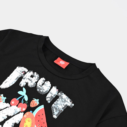 Girls Lycra Jersey T-Shirt Fruit-BLACK