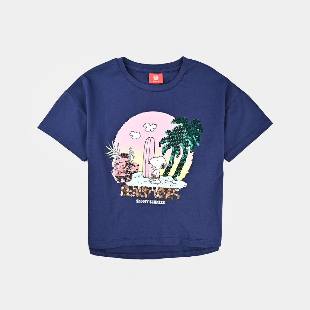 Girls Lycra Jersey T-Shirt Beach Vibes-NAVY