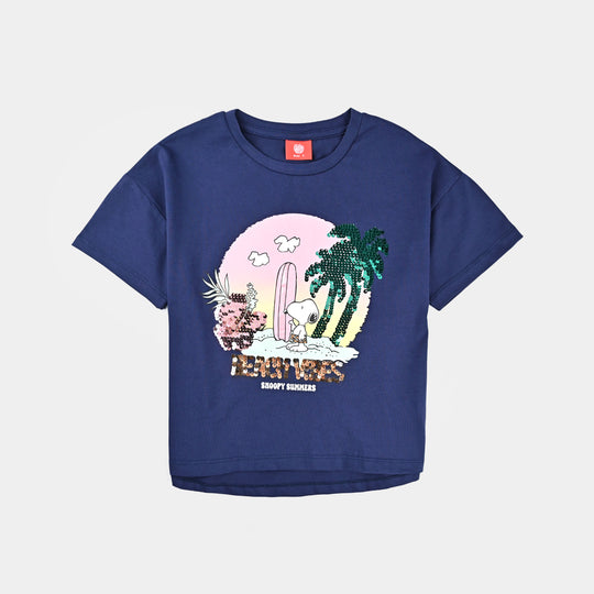 Girls Lycra Jersey T-Shirt Beach Vibes-NAVY