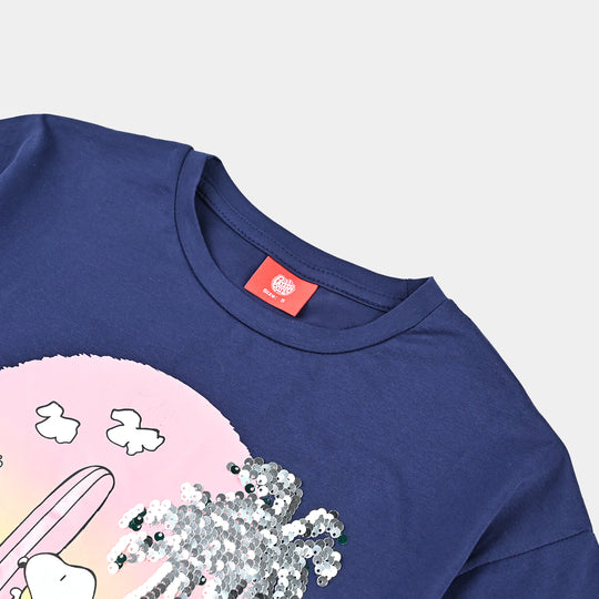 Girls Lycra Jersey T-Shirt Beach Vibes-NAVY