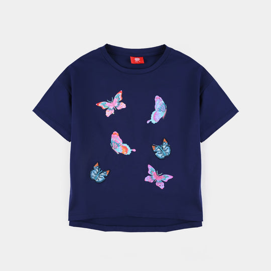 Girls Lycra Jersey T-Shirt Butterflies-NAVY
