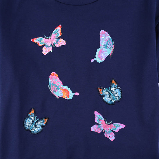 Girls Lycra Jersey T-Shirt Butterflies-NAVY