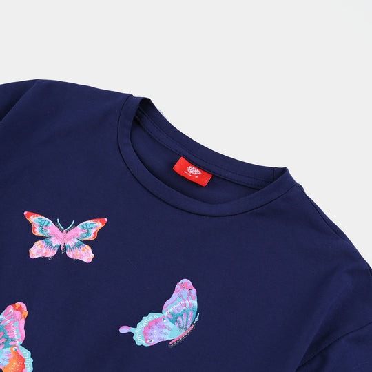Girls Lycra Jersey T-Shirt Butterflies-NAVY