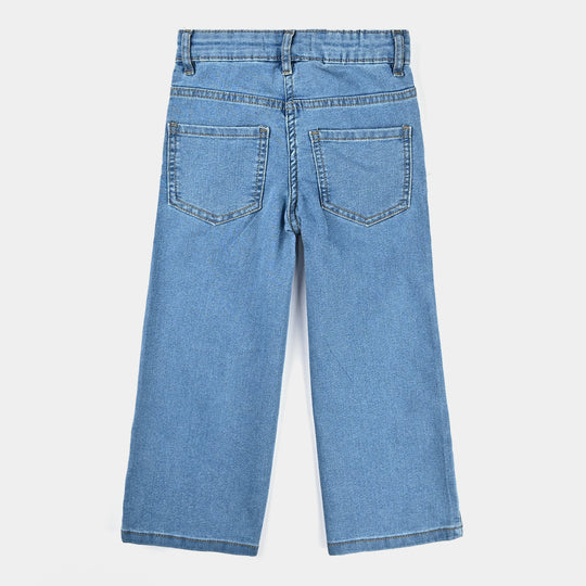 Girls Denim Stretch Pant Basic Wide Legs-Mid Blue