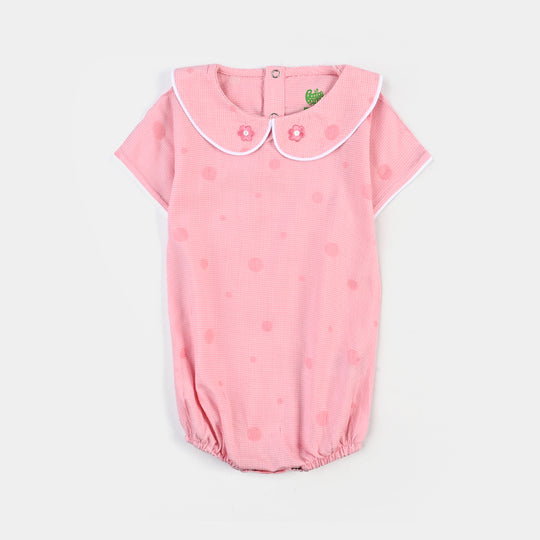 Infant Girls Seersucker Romper Crochet Circle-Pink