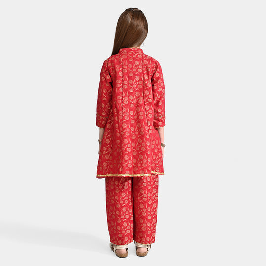 Girls Jacquard 3 Pcs Suit Gulistaan-Red