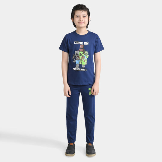 Boys Poly Cotton Jersey Night Wear Game On-Navy Blue