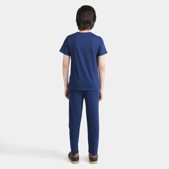 Boys Poly Cotton Jersey Night Wear Game On-Navy Blue