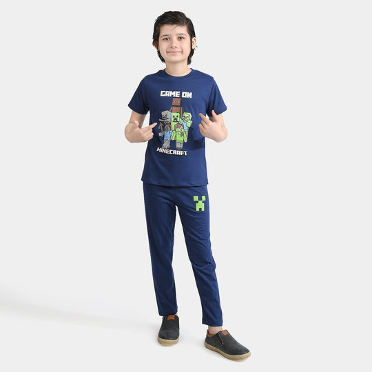 Boys Poly Cotton Jersey Night Wear Game On-Navy Blue