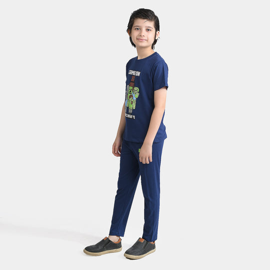 Boys Poly Cotton Jersey Night Wear Game On-Navy Blue