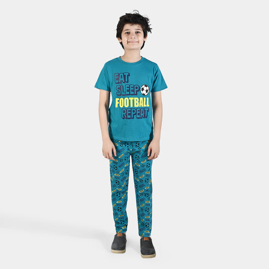 Boys Poly Cotton Jersey Nightwear Eat Sleep Football-Teal