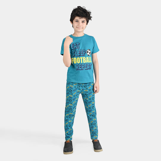 Boys Poly Cotton Jersey Nightwear Eat Sleep Football-Teal