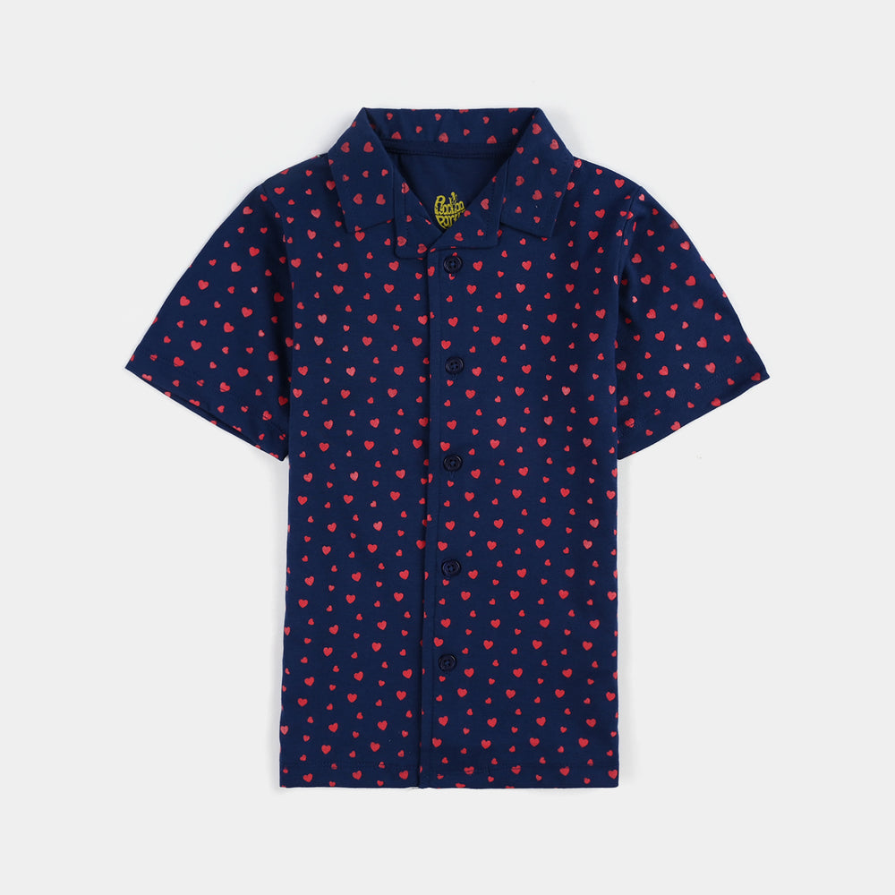 Girls Poly Cotton Jersey Night Suit All Hearts-Navy Blue