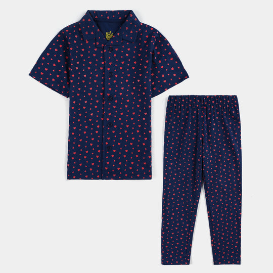 Girls Poly Cotton Jersey Night Suit All Hearts-Navy Blue