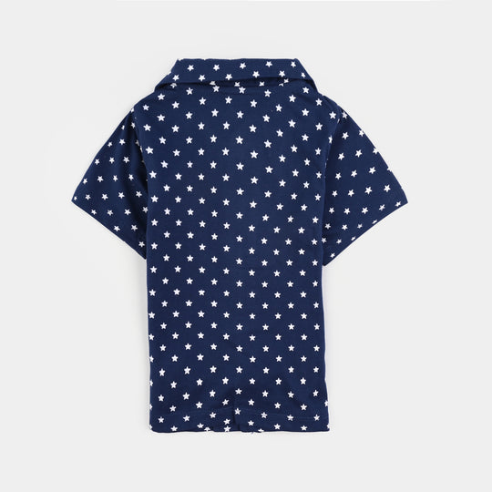 Infant Boys Poly Cotton Jersey Night Suit Allover Star-Navy Blue