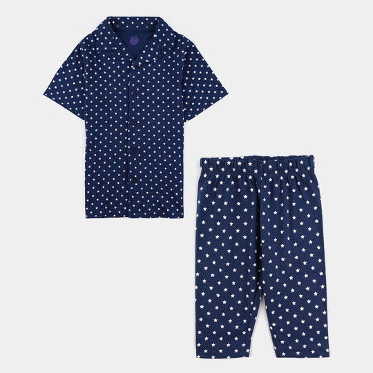 Infant Boys Poly Cotton Jersey Night Suit Allover Star-Navy Blue