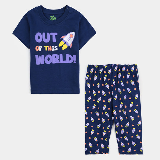 Infant Boys Poly Cotton Jersey Night Suit Out Of World-Navy Blue