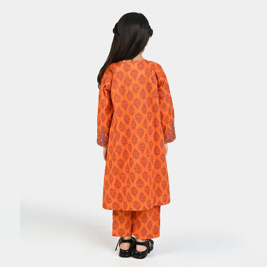 Girls Poly Cambric Emb 2 Pcs Saaz-ORANGE