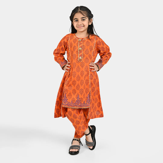 Girls Poly Cambric Emb 2 Pcs Saaz-ORANGE