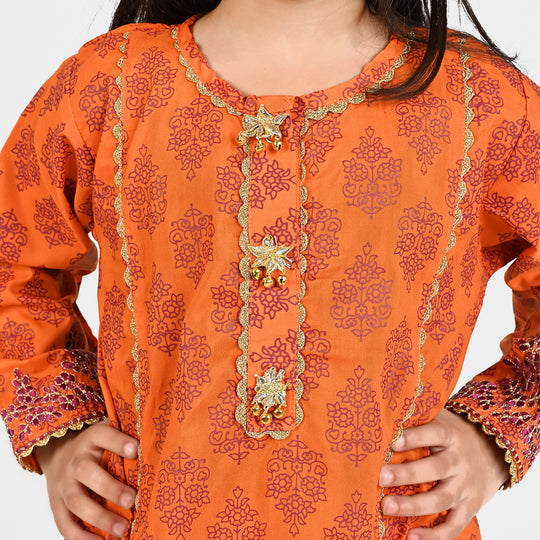 Girls Poly Cambric Emb 2 Pcs Saaz-ORANGE