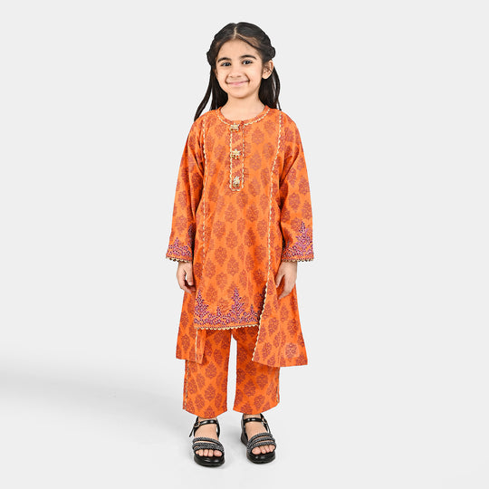 Girls Poly Cambric Emb 2 Pcs Saaz-ORANGE