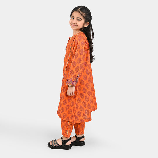 Girls Poly Cambric Emb 2 Pcs Saaz-ORANGE