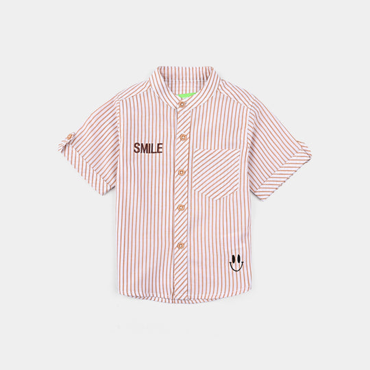 Infant Boys Yarn Dyed Basic Casual Shirt (Smile)-Beig.Stripe