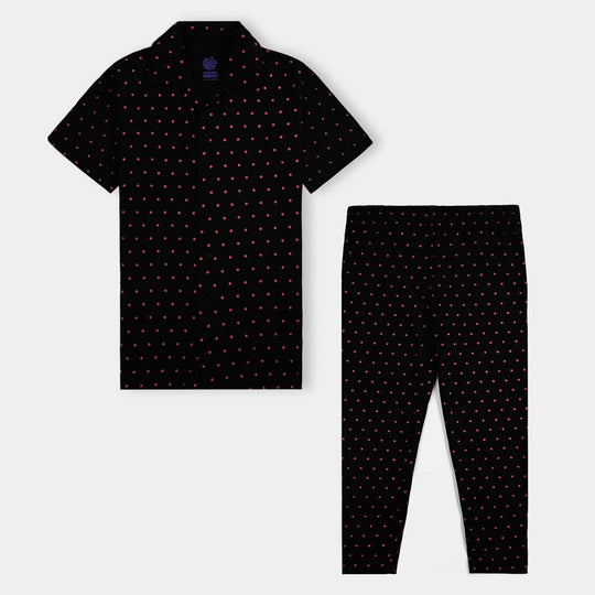 Girls Poly Cotton Jersey Night Suit All Dots-Jet Black